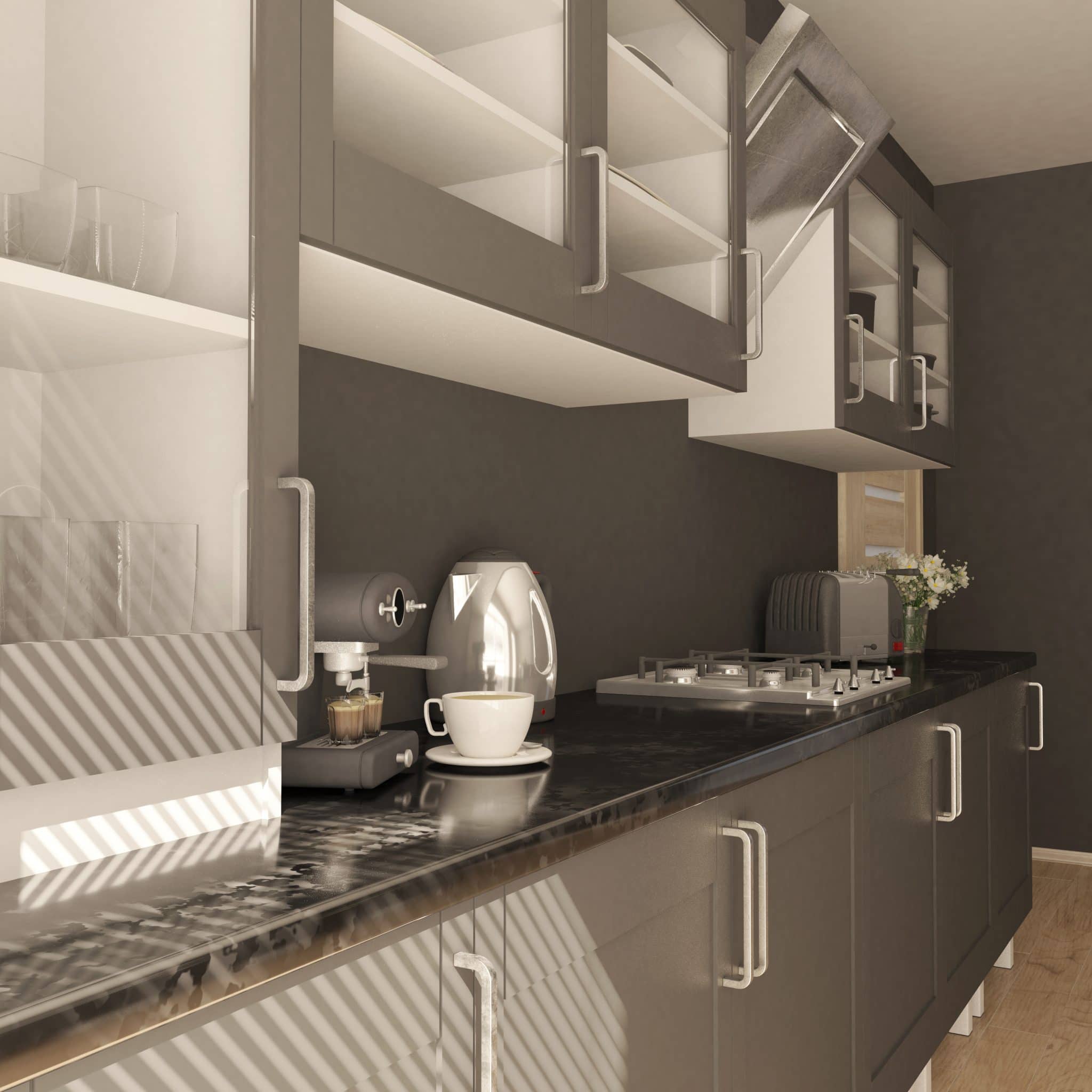 3D render of a contemporary kitchen interior